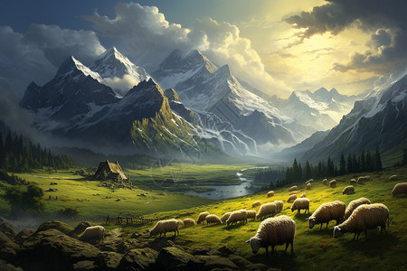 雪山下的草原雪山下吃草的羊群插画
