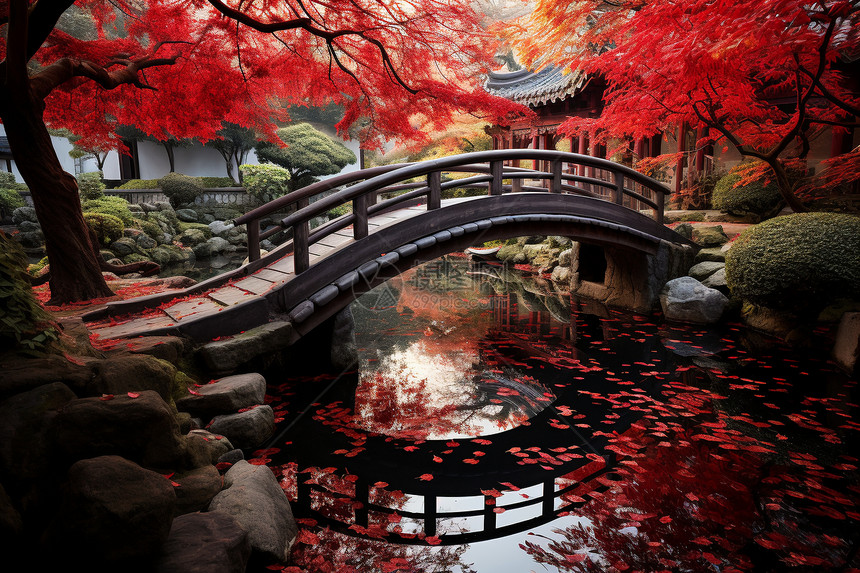 落满红叶的池塘图片