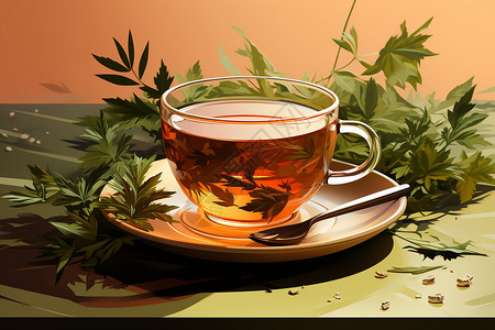 茶泡袋泡着绿叶的茶插画