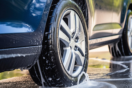 车辆清洗水管在洗涤汽车背景