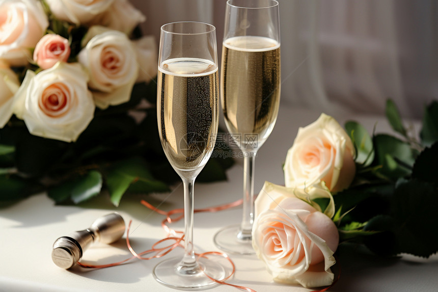 香槟饮品和美丽花束图片