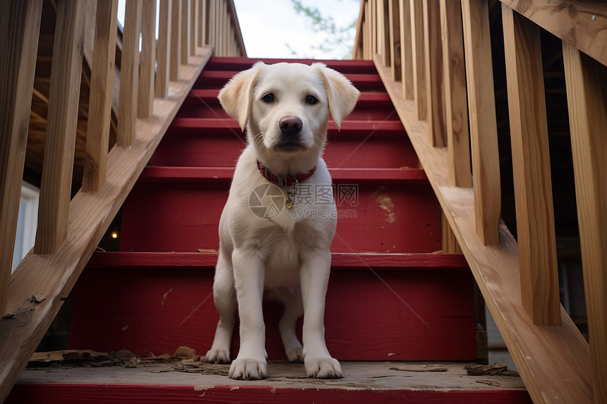 狗狗在木质楼梯上图片
