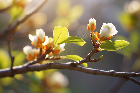 碧绿枝叶映衬下洁白花朵的春日芳华高清图片