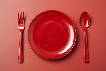红色餐桌上的餐具图片