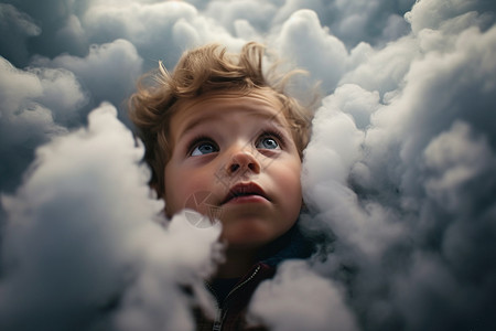 云朵中的小男孩图片