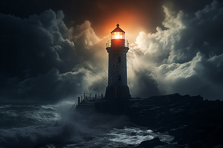 水风暴深海暗夜中的灯塔插画
