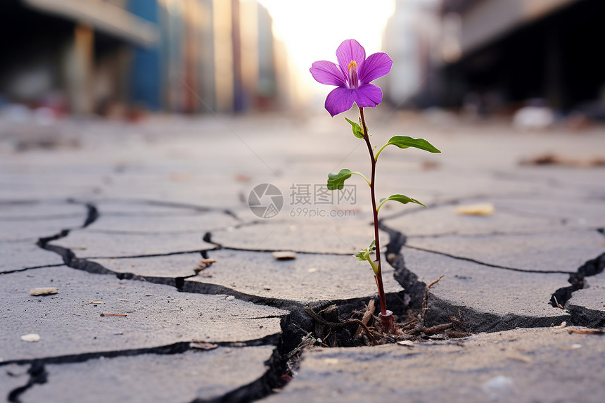 街道的裂缝中绽放的小花图片