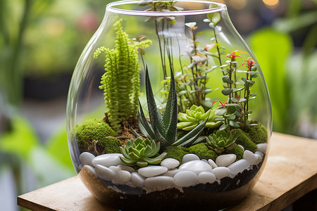 清新小绿植在玻璃花瓶中背景图片