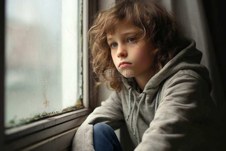 孤独的孩子望窗外图片