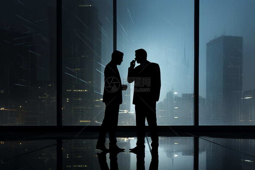 两名男士站在黑暗室内用手机交谈图片