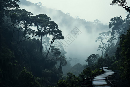 迷雾山林间的小路图片