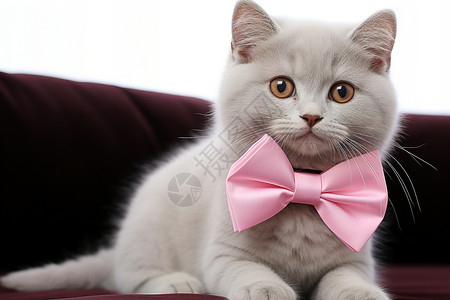 白色猫咪系着粉色领结坐在沙发上高清图片