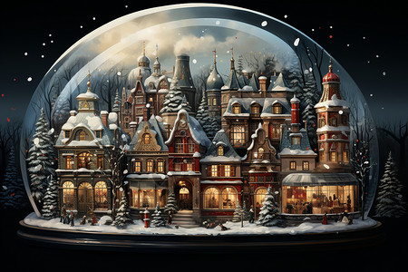 人造雪景玻璃球中的圣诞市集插画