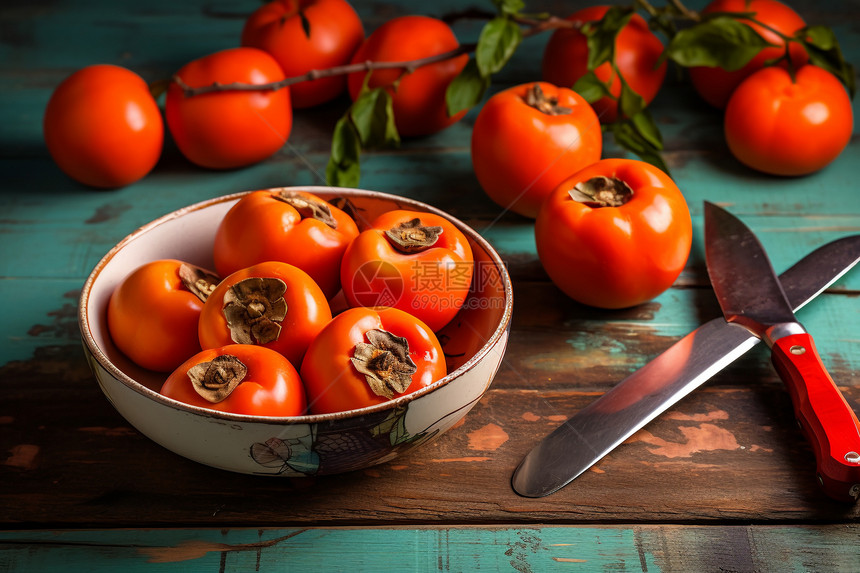 餐桌上成熟的柿子图片
