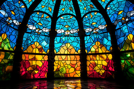 宗教建筑的彩色鱼纹玻璃图片