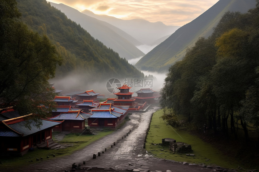 山间村庄的雾景图片
