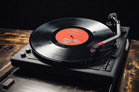 复古摇滚木桌上的唱片机中间是红色唱片背景