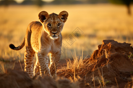 走在草原中在土堆旁的母狮子背景