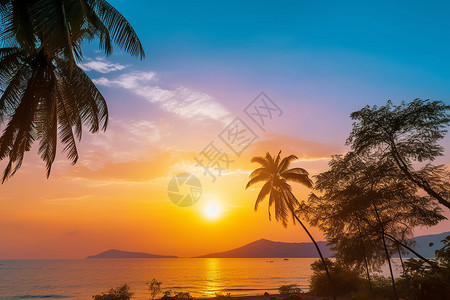 海边夕阳和椰子树图片