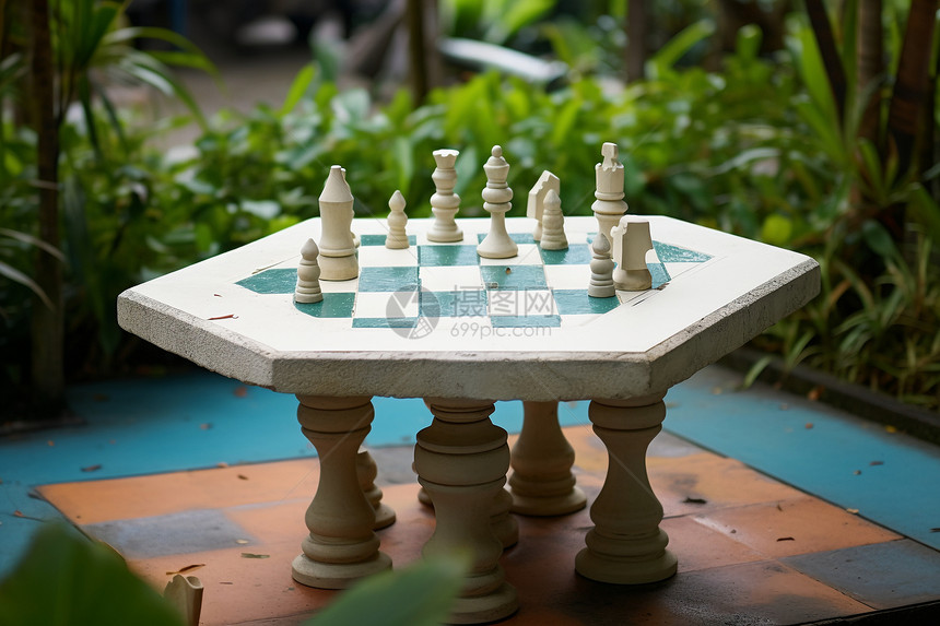 园中摆放双人国际象棋游戏图片