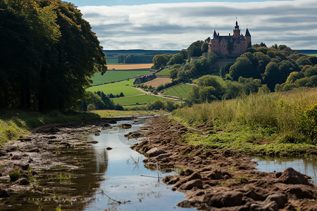 森林远处的城堡背景图片