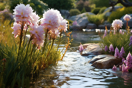 春季溪流旁绽放的美丽花朵高清图片