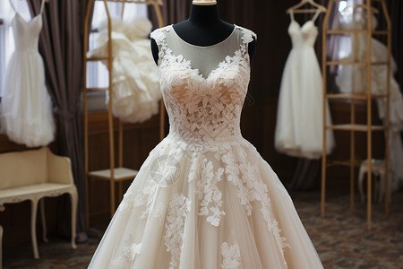 婚纱橱窗中一件新娘礼服背景