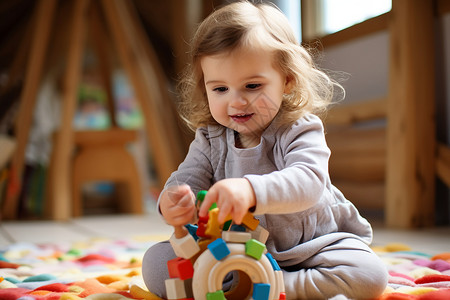 宝宝活动小女孩在木质地板上玩耍背景