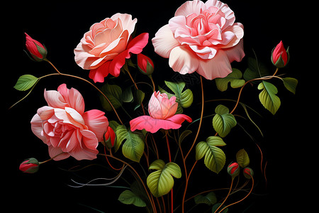 蔷薇花束绘画的花苞和花开插画