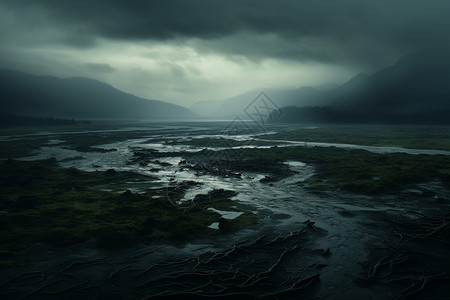 沼泽地湿地浩瀚昏暗的山间沼泽地背景