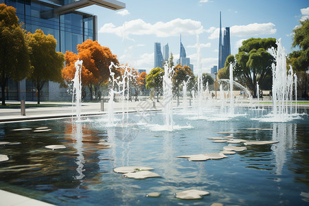 景观水景城市广场中的喷泉景观插画