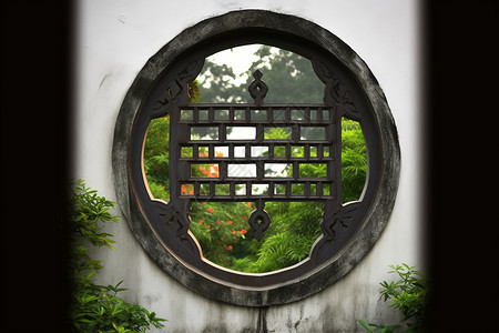 古典园林中的圆窗美景高清图片