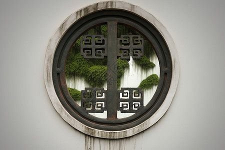 窗外花园的中国风景窗背景图片