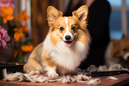 正在自拍小狗正在剪毛的柯基犬背景