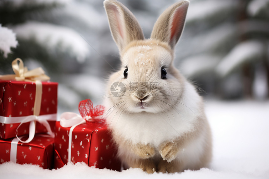 雪地中的礼盒和兔子图片