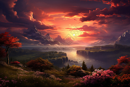 杜鹃树夕阳下的山谷和湖泊插画