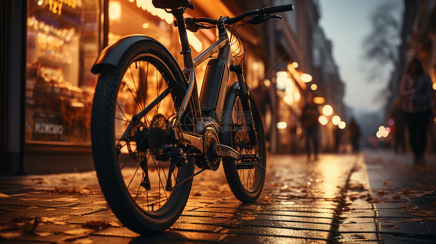 夜晚街道上的自行车图片