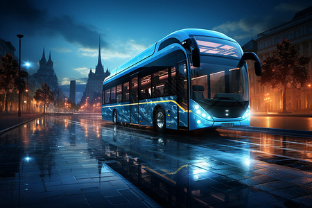 旅游街道氢能公交车在街道上行驶设计图片