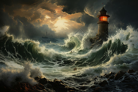 暴风中的海中灯塔插图图片