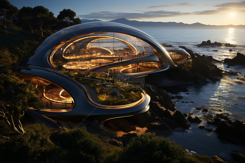 科技感海边弧形的透明建筑图片