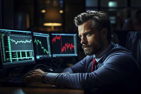 市场风险股票交易员专注地分析市场背景