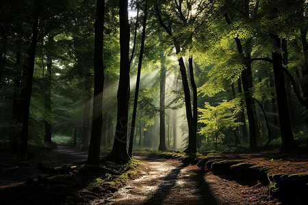 阳光照耀下的森林小径图片