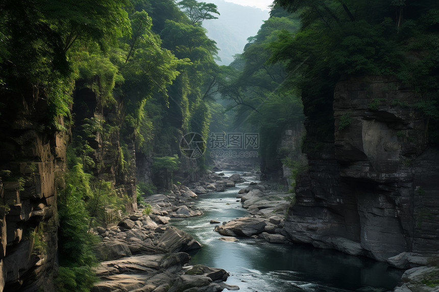美丽峡谷岩石与河水交织图片