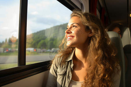 公交车窗边充满期待的女子背景图片