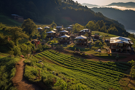 山村田野山村农作物环绕背景