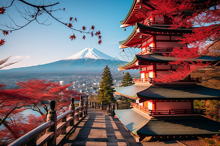 秋意浓浓富士山红叶神社背景图片