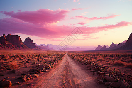 沙漠魅影日落时分的神秘长路背景