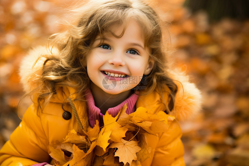 秋季抱着落叶的女孩图片
