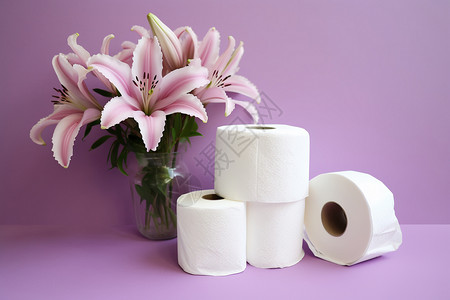 手帕纸舒适与清新牡丹花与卫生纸背景