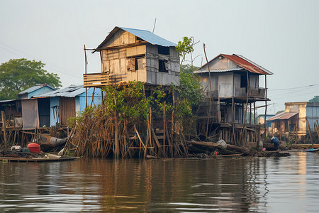 林木繁茂的河岸旁边有房屋高清图片